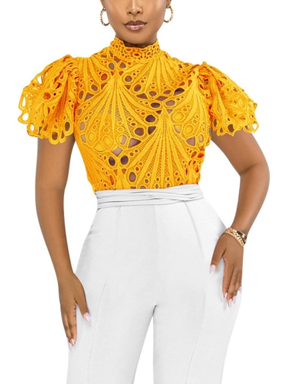 🆕Women’s Yellow Lace Ruffle Puff Short Sleeve Button Down Tops Flare Tunic